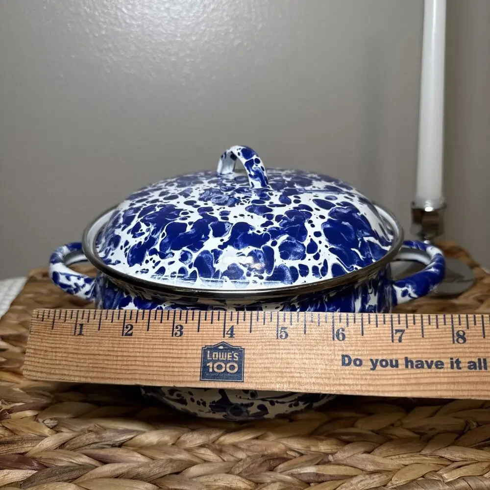 Golden Rabbit Blue White Spongeware Enamelware Covered Casserole Pot With Lid